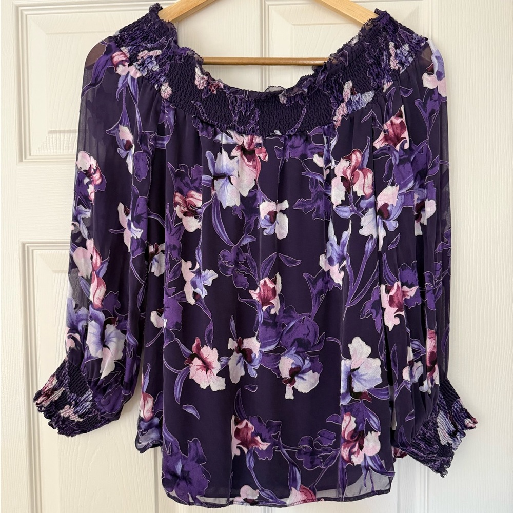 White House Black Market Purple Floral Off-Shoulder Blouse